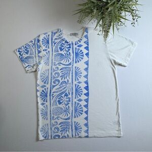 Free People Ragabond Studio Short Sleeve Tee White with Blue Tropical Panel